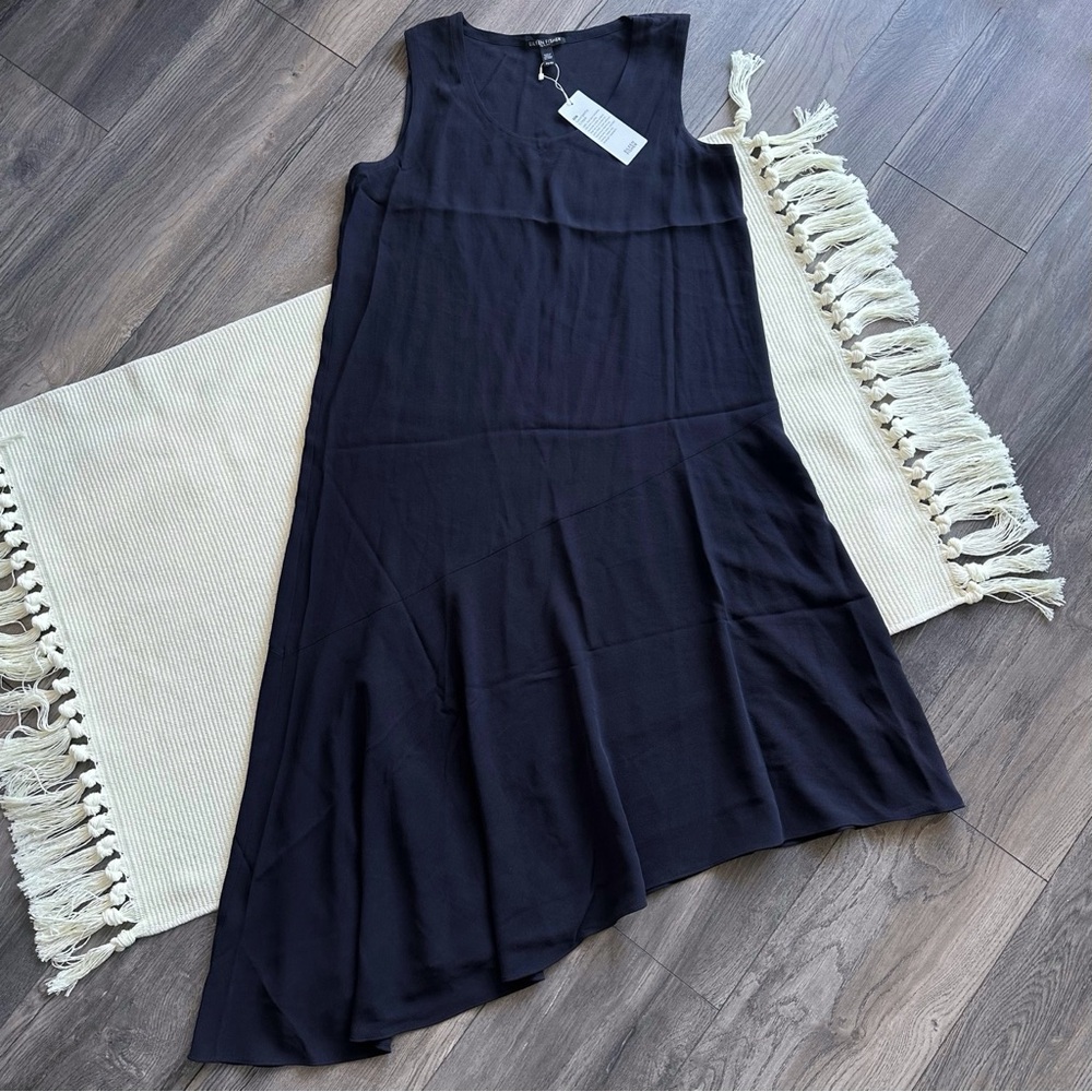 Eileen Fisher Petite Silk Georgette Navy Blue Asymmetric Sleeveless Dress - Picture 2 of 6